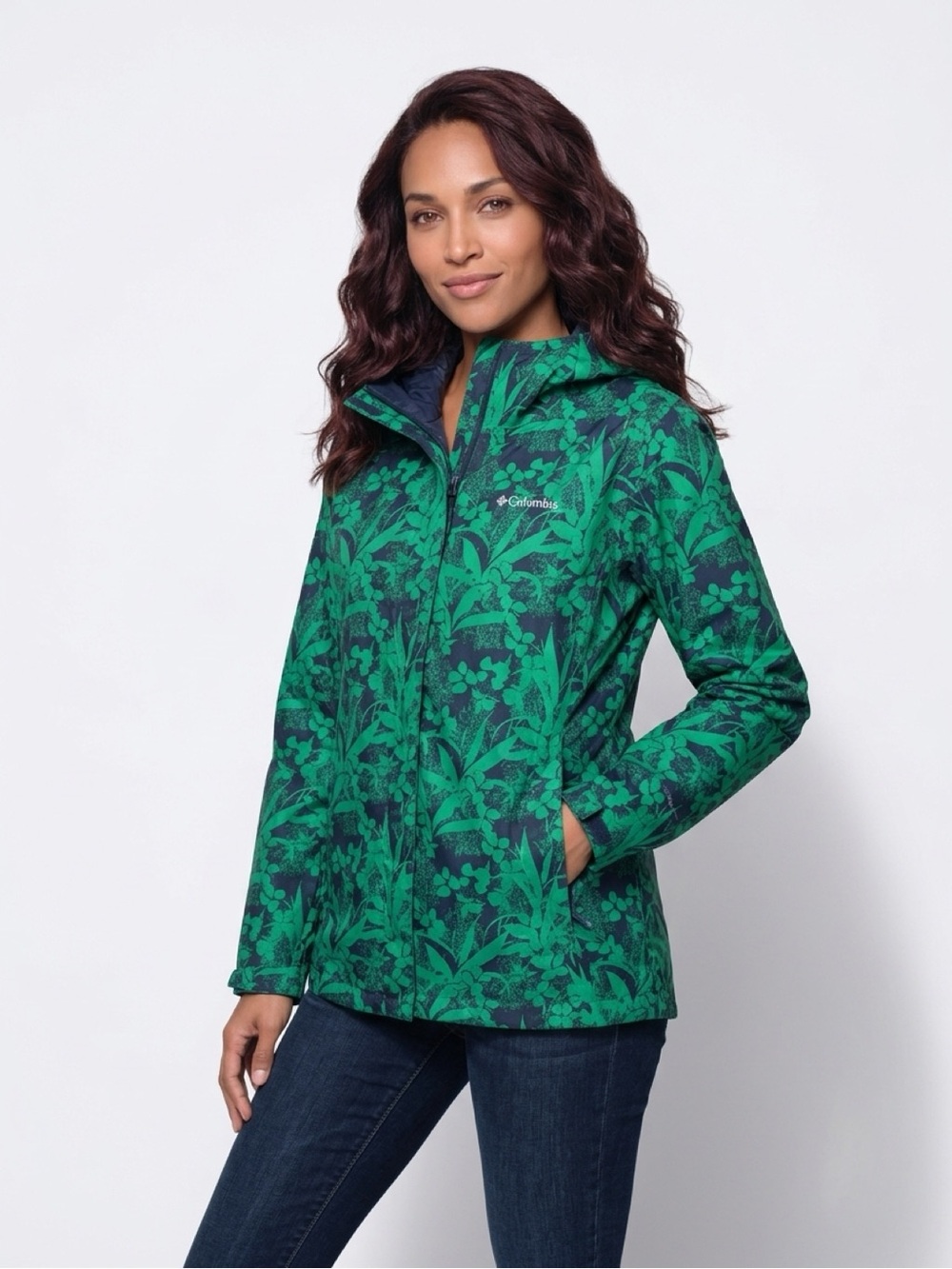 Columbia Womens Green Floral Hooded Waterproof Jacket Size L